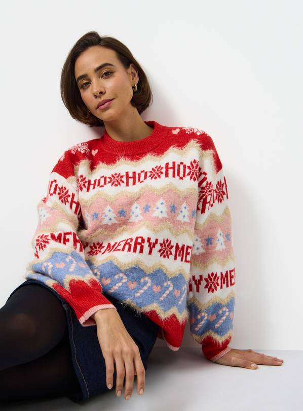 Red Merry Slogan Sparkle Christmas Jumper 16